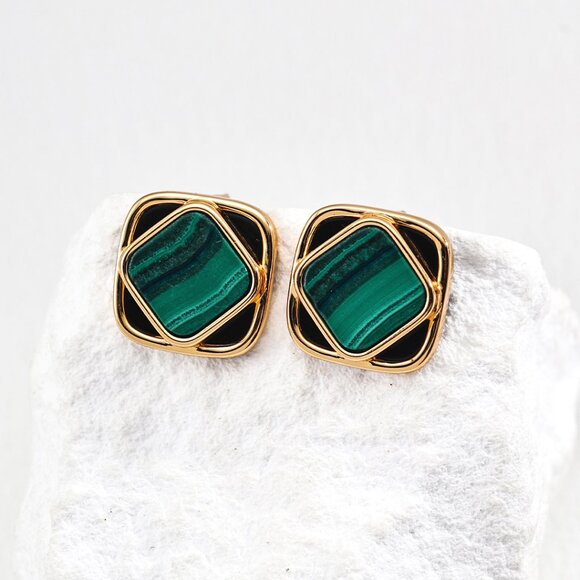 💚 Artisan Original Design Geometric Malachite Stud Earrings | S925 - Picture 3 of 5